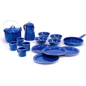 image:imageGSI Outdoors Camp Dinnerware Set I 4Person Set Includes Pioneer Enamel Percolator Frypan Kettle Bowls Plates amp Coffee MugsBlue