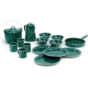 image:imageGSI Outdoors Camp Dinnerware Set I 4Person Set Includes Pioneer Enamel Percolator Frypan Kettle Bowls Plates amp Coffee MugsGreen