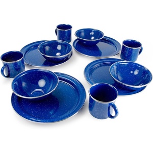 image:imageGSI Outdoors Pioneer Enamel 12 Pieces 4Person Dish Set I Enamelware Dishes Including Plates Bowls and Mugs for Camping Outdoors RV Camp GreenBlue